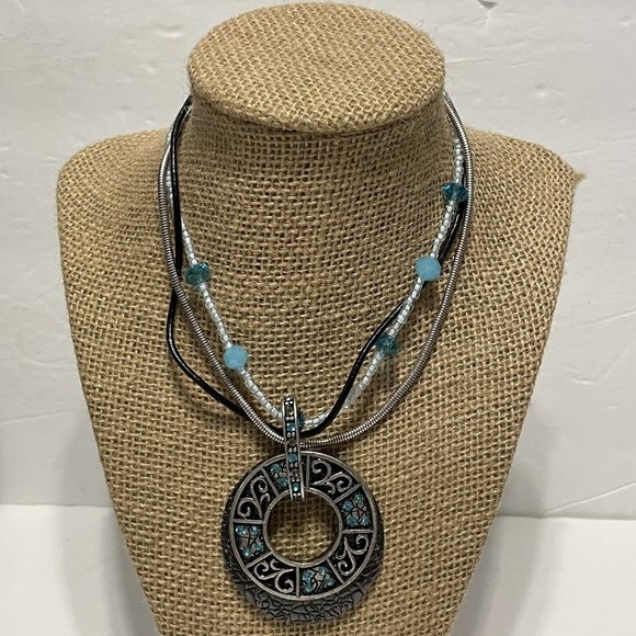 NWT 15” Laura ashley mixed media necklace beaded statement multistrand Blue - Picture 9 of 9